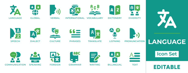 Language Icon Set. Features editable icons for dictonary, diversity, global, grammar, non, vocabulary, writing, translate, speaking, language, listening, and skill.
