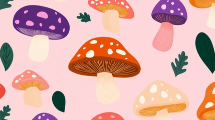 A cute mushroom pattern on a pastel pink background with bright colors