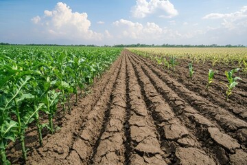 Contrast between vibrant crops and desolate soil conveying themes of agricultural survival adaptation and the urgent need for environmental action