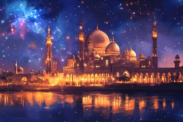 Fototapeta premium mosque, illustration, architecture, religion, design, minaret, landmark, building, travel, heritage, india, spirituality, dome, sky, vector, asia, culture, historical building, crescent moon, artwork,