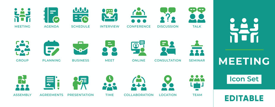 Meeting Icon Set. Features editable icons for meeting symbol, agenda, schedule, interview, conference, planning and more. Perfect for business, project management, and team collaboration designs.