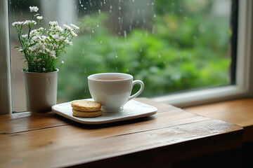 Warm tea and cookies on a rainy afternoon