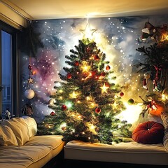 Outdoor winter tree and gifts with snow
