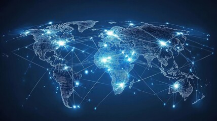Supply Chain Digital Transformation. A global supply chain map displayed on a holographic interface, illustrating interconnected digital networks