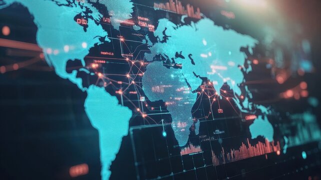 Supply Chain Digital Transformation. A global supply chain map displayed on a holographic interface, illustrating interconnected digital networks