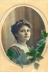 Vintage Photo Postcard of a Pretty Young Woman, Retro Style with Timeless Elegance and Nostalgic Charm