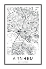 Printable downtown road map poster of the Dutch city of ARNHEM on solid white background with city name