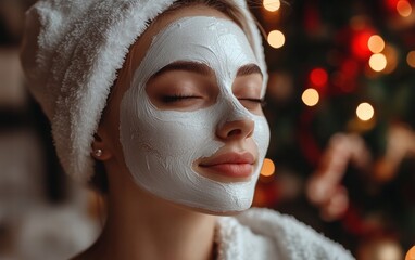 Beautician applying white clay mask to face of beautiful young woman in beauty salon. Spa treatments concept on christmas background