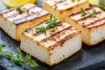 Grilled tofu cheese blocks with lemon and thyme on black slate platter