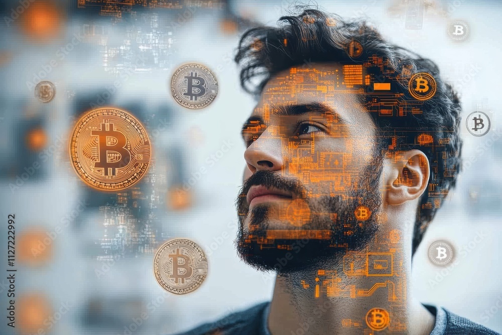Poster futuristic bitcoin-themed image of a man surrounded by cryptocurrency icons, isolated for branding u
