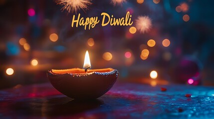 Illuminated Diwali Diya with Festive Background Lights