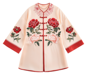 PNG A Chinese style beautifully embroidered traditional garment featuring vibrant floral designs in red and pink hues.