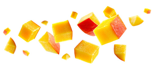 Cubic and triangular mango pieces form an unusual figure in space. Isolated on white