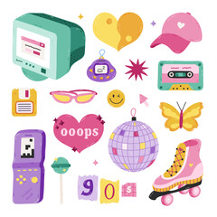 Cute cartoon hand drawn Y2k set with symbols from 90s, 00s. Retro aesthetic clipart of old PC, sunglasses, electronic toy, butterfly, baseball cap, roller skate. Nostalgia for 1990s vibe.