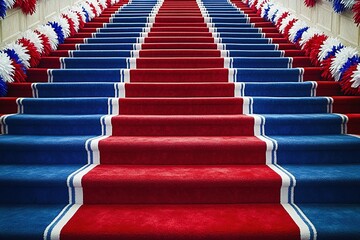 Red carpeted stairs with blue trim and festive decor