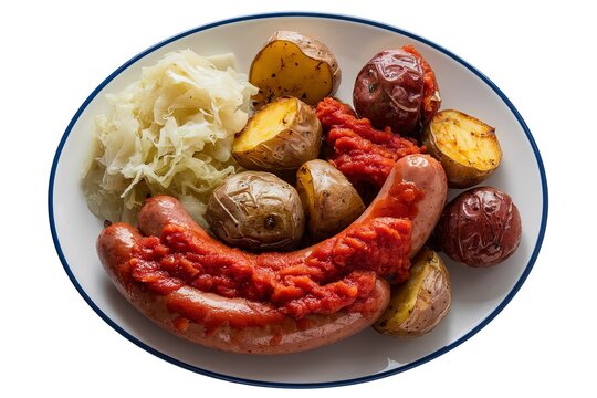 A photo of a plate with roasted sausages and roasted potatoes with red sauce