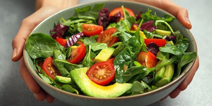 Hands holding bowl of fresh green salad with tomatoes and avocad
