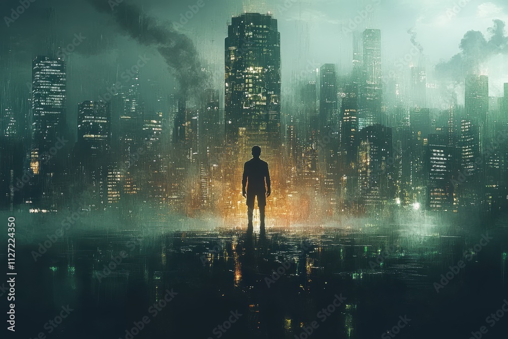 Poster Futuristic Bitcoin design with a man at the center, surrounded by symbolic currency tokens.