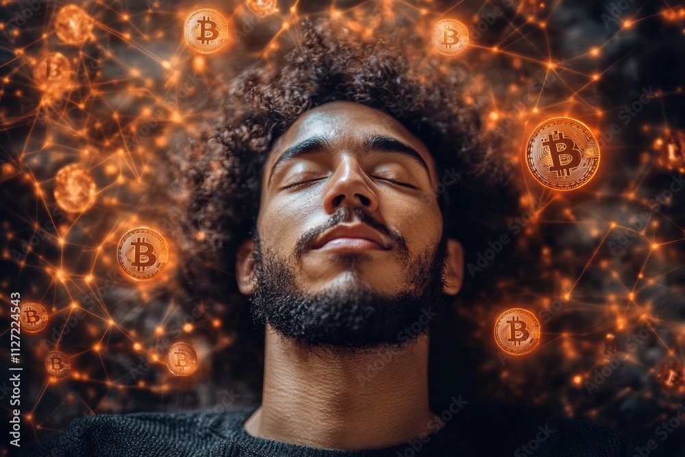 Poster Futuristic cryptocurrency-themed image featuring a man surrounded by floating Bitcoin and finance symbols.