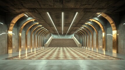 Obraz premium Modern subway station interior design with arches and geometric tile patterns.