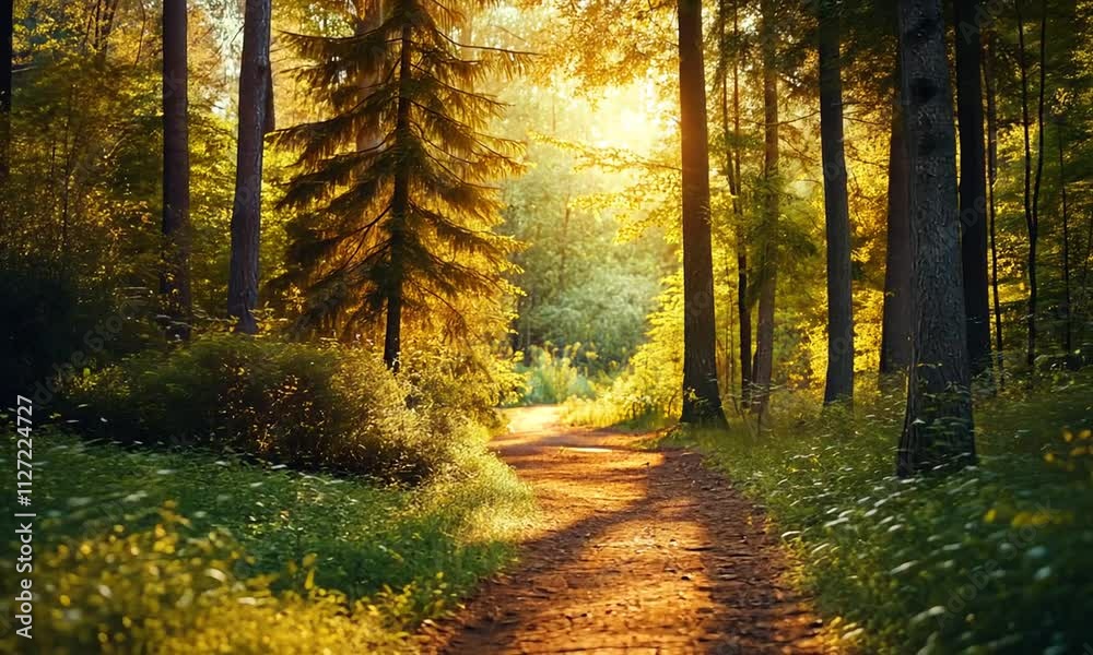 Wall mural sunlit forest path surrounded by trees and greenery.