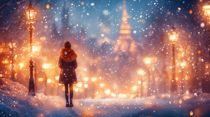 Obraz premium Winter Wonderland with Snow and Streetlights at Night