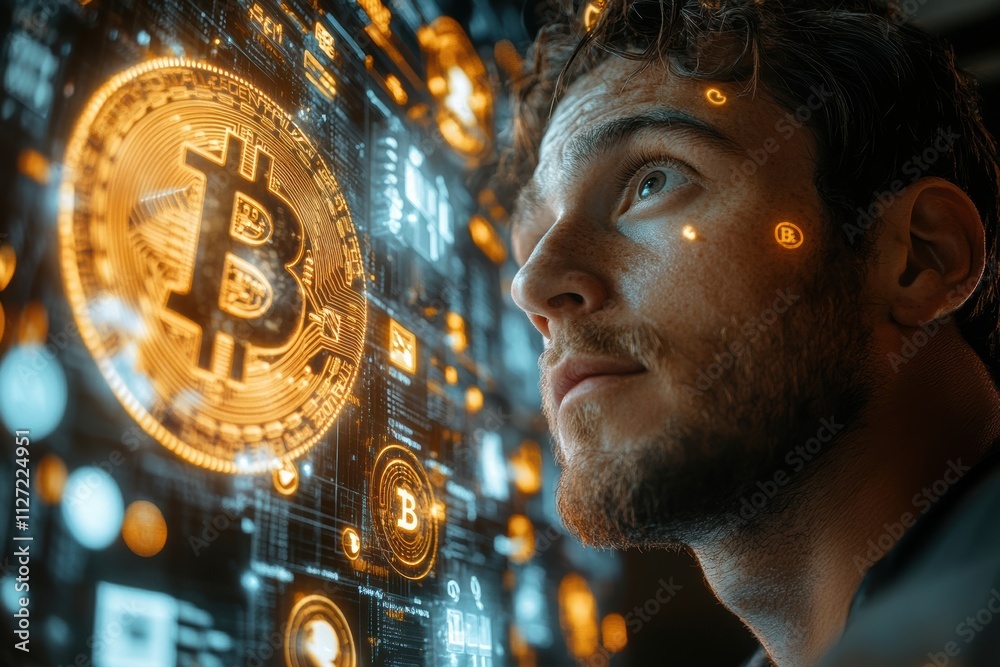 Poster Futuristic cryptocurrency-themed image featuring a man surrounded by floating Bitcoin and finance symbols.