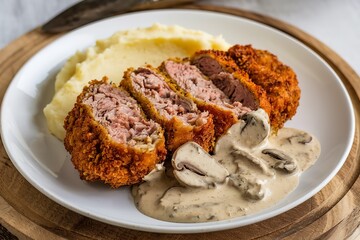 A photo of a sliced fried cutlet with a creamy mushroom sauce on a white plate