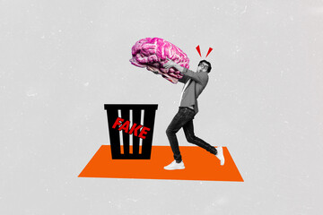 Creative photo collage young man carry brain mind throw away rubbish bin garbage propaganda...