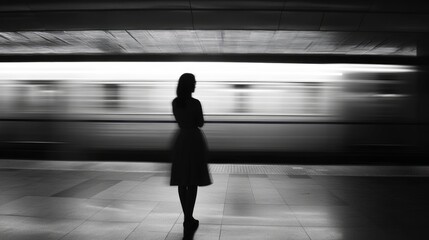 Silhouette of a woman standing on a subway platform, a blurred train passing behind her.