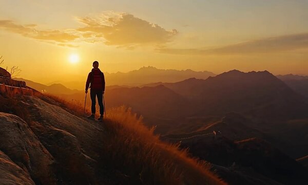 Solitary Figure Walking the Great Wall at Sunset