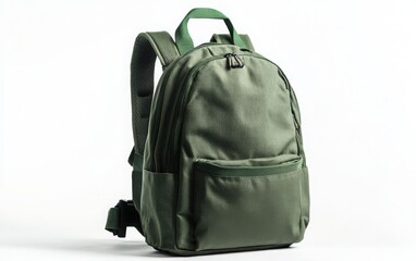 Naklejka premium A green school backpack on a white background, captured in high resolution with professional color grading, soft shadows, and a clean