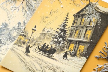 Mid-20th-Century Noël Postcard Featuring a Snowy Village, Children Playing, Horse-Drawn Sleigh, and Warm-Lit Windows with Retro Christmas Charm in Sepia Tones