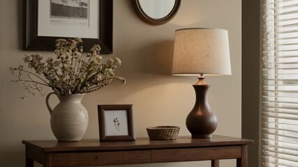 Image shows minimalist interior with wooden desk against light beige wall. Above desk, large rectangular wooden-framed mirror or picture frame with blank white surface. On desk, modern white lamp with