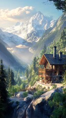 Fototapeta premium A serene mountain landscape featuring a cozy cabin amidst lush trees and majestic peaks.