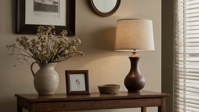 Image shows minimalist interior with wooden desk against light beige wall. Above desk, large rectangular wooden-framed mirror or picture frame with blank white surface. On desk, modern white lamp with