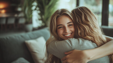 Obraz premium Joyful Embrace Between Friends in Cozy Environment
