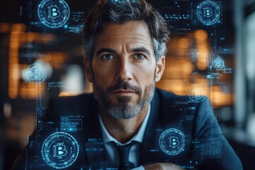 Futuristic financial scene with a professional man surrounded by Bitcoin tokens and technology-inspired details.