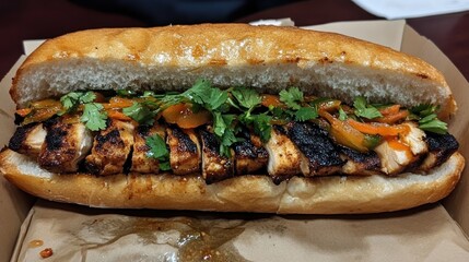 A grilled chicken sandwich with cilantro, tomatoes, and spices in a soft bun.