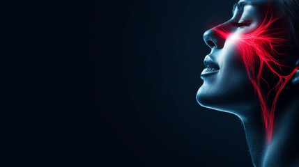 Fototapeta premium A dynamic educational infographic showing the trigeminal nerveâs anatomy, pain radiating across the face in red gradients, and bullet points summarizing common symptoms and treatme