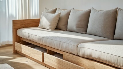 Obraz premium Modern minimalist sofa with built-in drawers, sunlight.