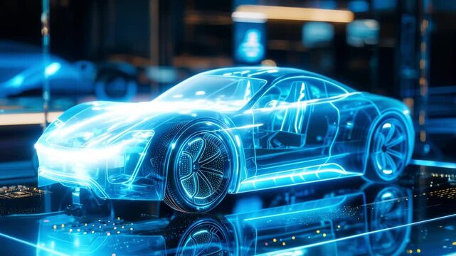 Hologram display of a prototype vehicle in a high-tech factory environment showcasing advanced automotive technology