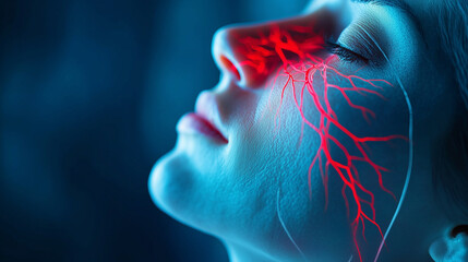 A vibrant anatomical depiction of the trigeminal nerve pathways on a realistic face model, with pain highlighted in red near the forehead and informational graphics on neuralgia tr