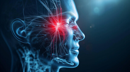 A vibrant anatomical depiction of the trigeminal nerve pathways on a realistic face model, with pain highlighted in red near the forehead and informational graphics on neuralgia tr