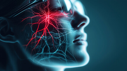 A vibrant anatomical depiction of the trigeminal nerve pathways on a realistic face model, with pain highlighted in red near the forehead and informational graphics on neuralgia tr