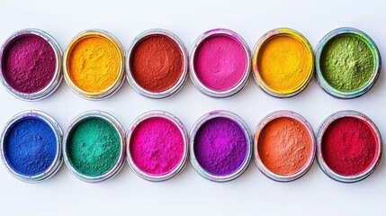 Colorful powder in circular containers, used for art and crafting.
