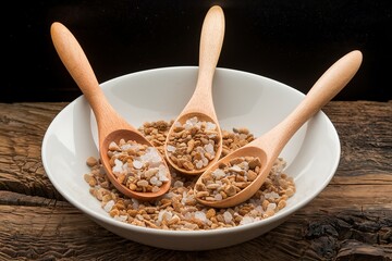 A photo of three wooden spoons with bath salts in them