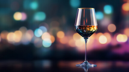 A sparkling wine glass with a delicate gold rim, the background alive with colorful bokeh lights and subtle party decorations, capturing a refined and joyful celebration scene. Spa