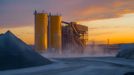 Obraz premium Sunset over an industrial plant with large silos and piles of aggregate.