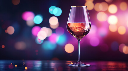 A sparkling wine glass with a delicate gold rim, the background alive with colorful bokeh lights and subtle party decorations, capturing a refined and joyful celebration scene. Spa